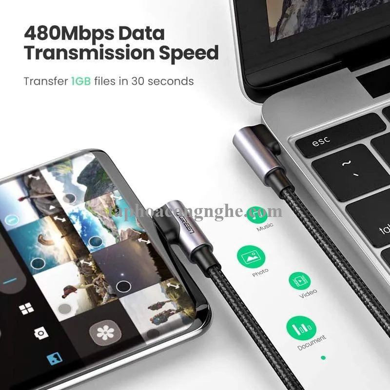 Ugreen 70528 0.5M PD 3A 20v 60W 2 đầu bẻ góc 90 độ cáp USB type C ra USB type C đầu nhôm mạ nickel chống nhiễu US323 30070528